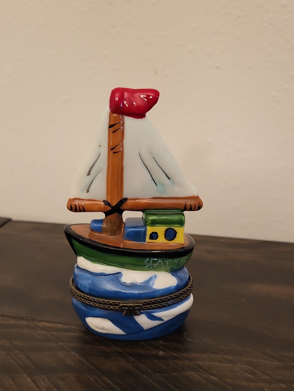 Vintage Hand-Painted Ceramic Seattle  Sailboat "Sea Life" Hinged Trinket Box